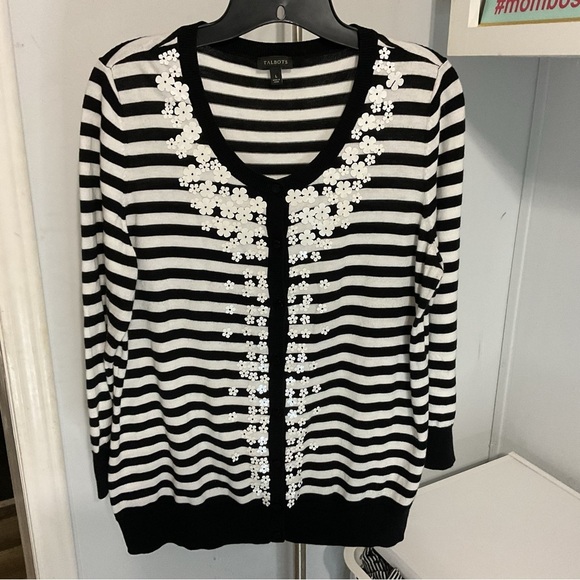 Talbots Knit B&W Stripped Cardigan Sweater Size L - Picture 1 of 8